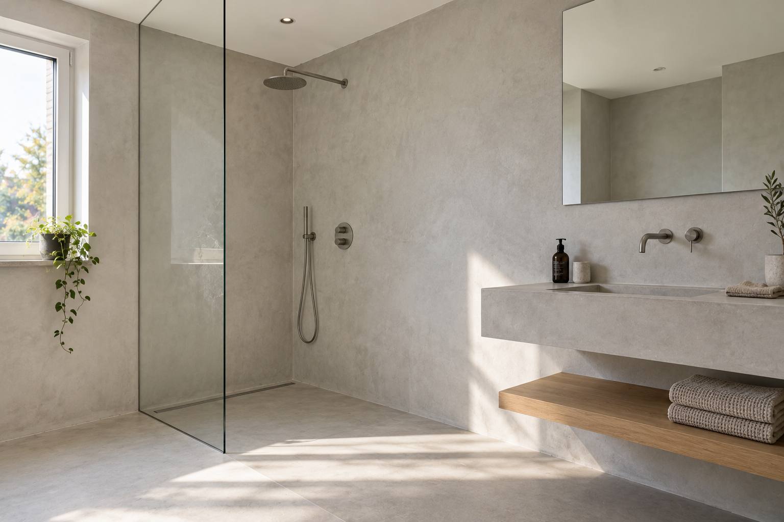 Badkamer met een inloopdouche en wanden in een naadloze betonlook