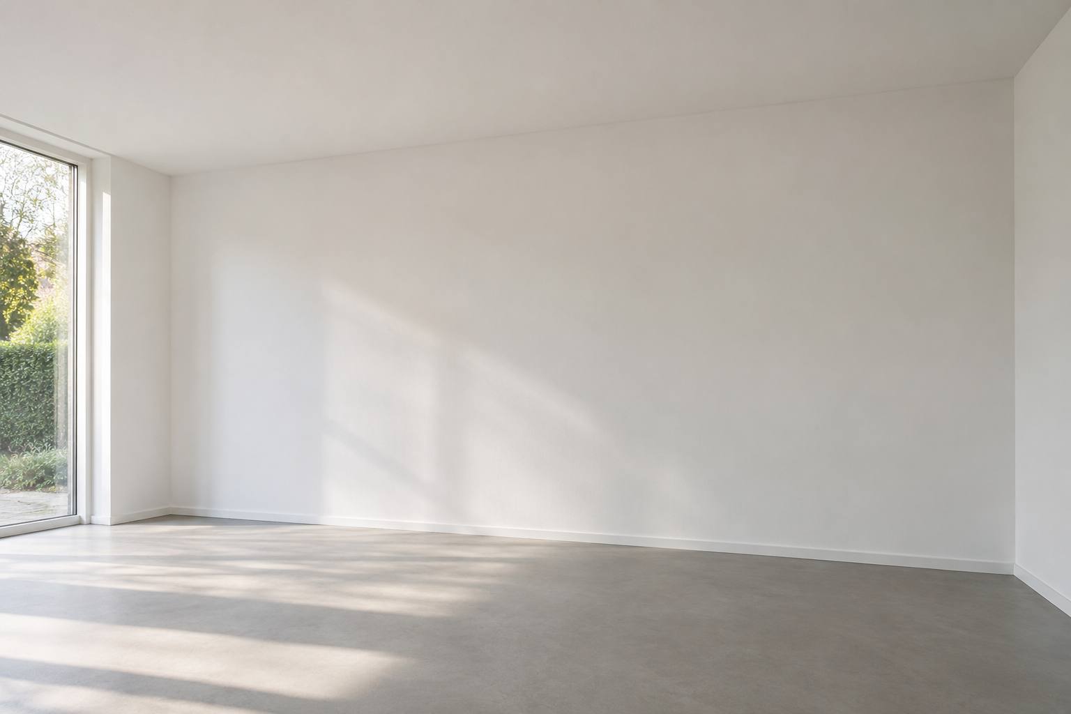 Lege woonkamer met glad gestucte witte muren en zonlicht door een grote raampartij