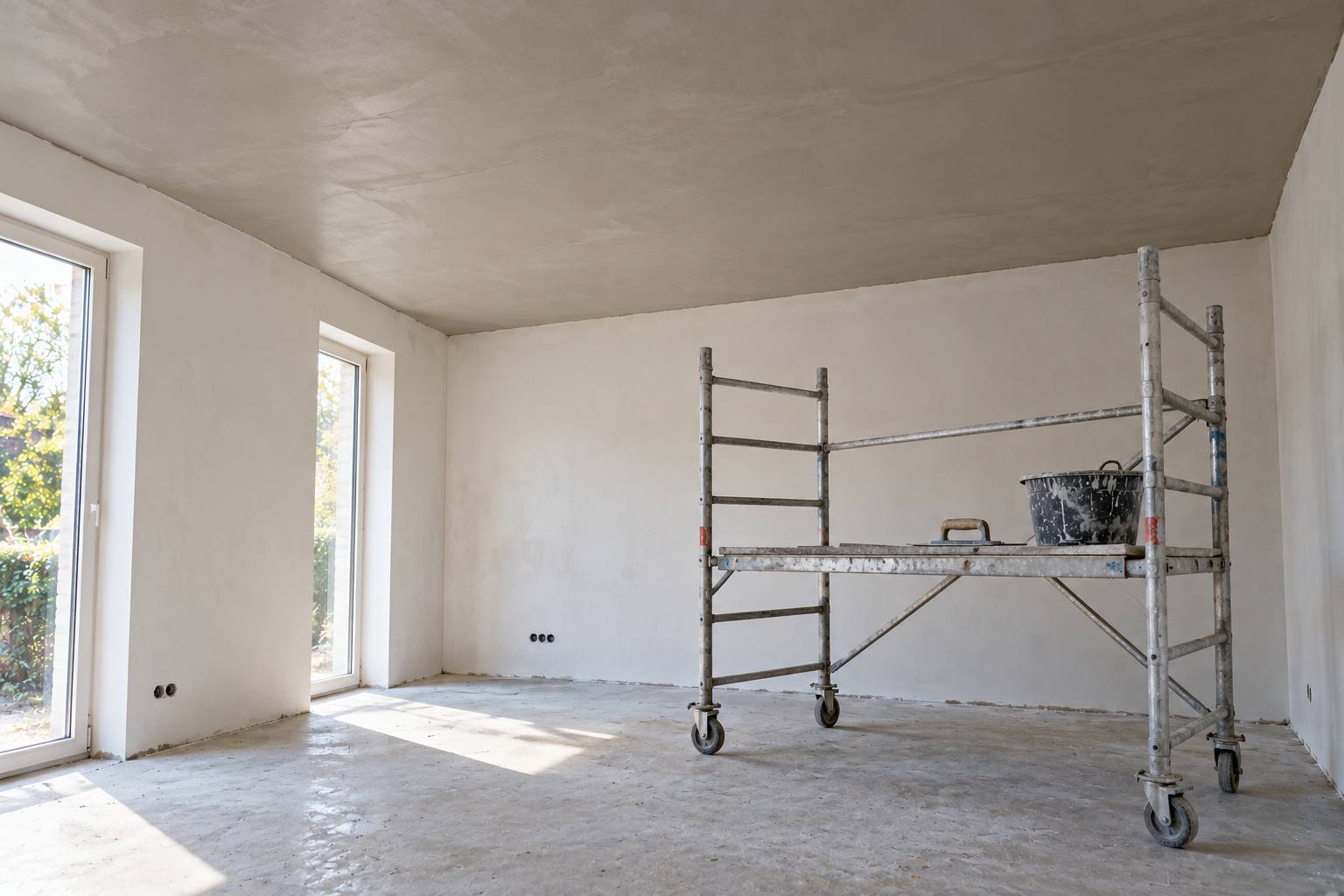 Woonkamer met een vers gestuct plafond en een rolsteiger met een specie-emmer