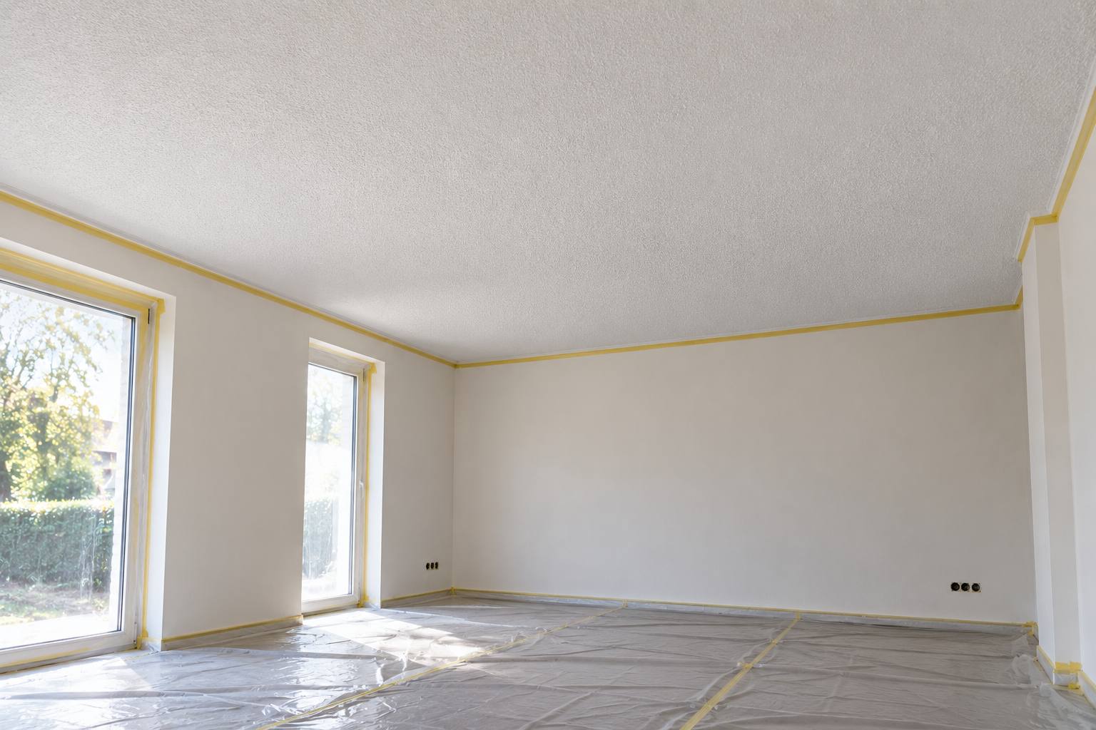 Kamer met een gespackt plafond, afgeplakte randen en een afgedekte vloer